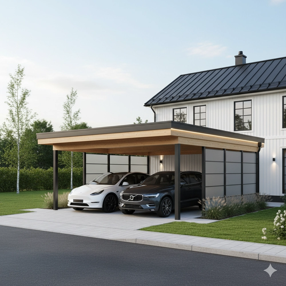 Nowoczesna wiata garażowa dwustanowiskowa z boczną zabudową, chroniąca dwa zaparkowane samochody