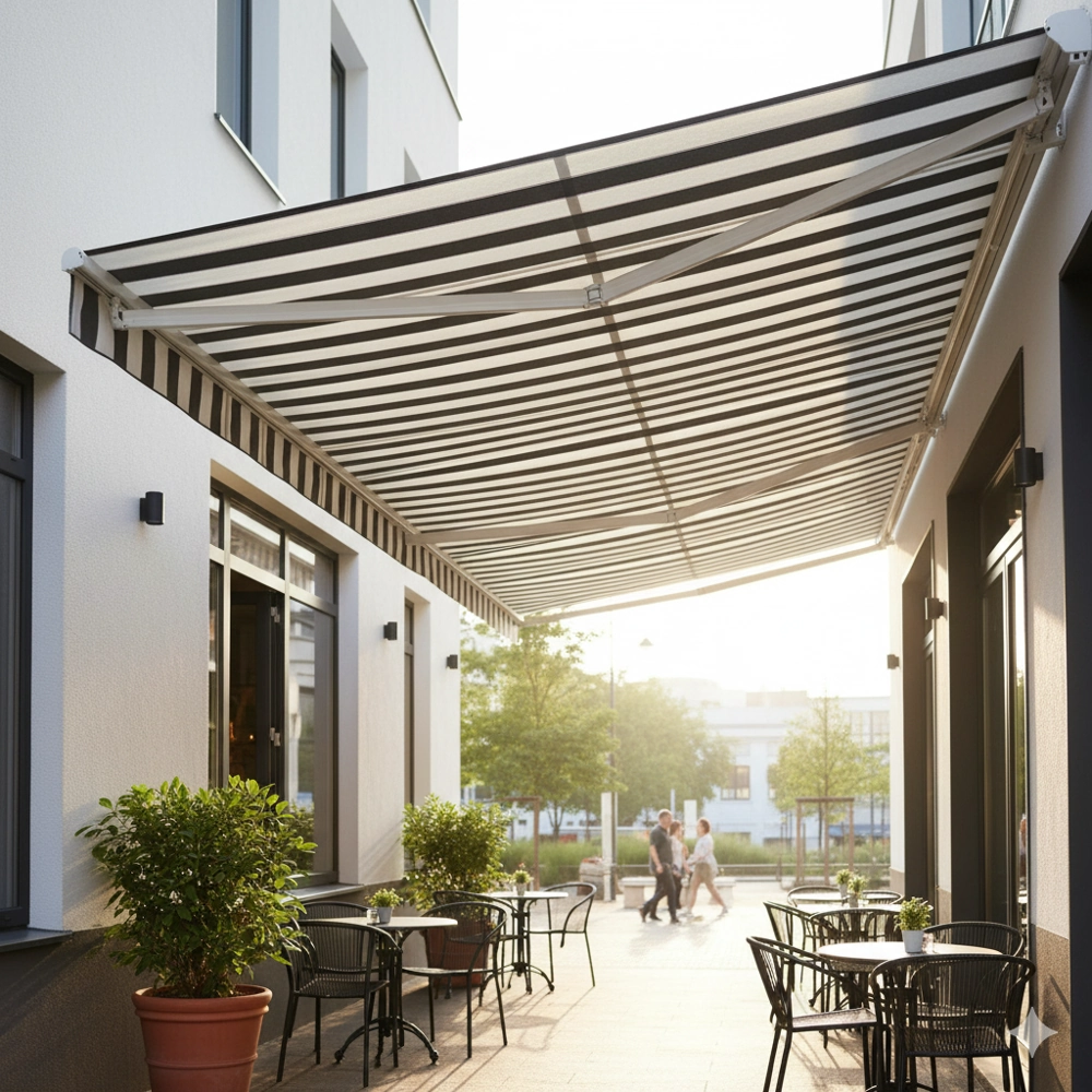 Markiza balkonowa rozpięta nad tarasem z meblami ogrodowymi i donicami