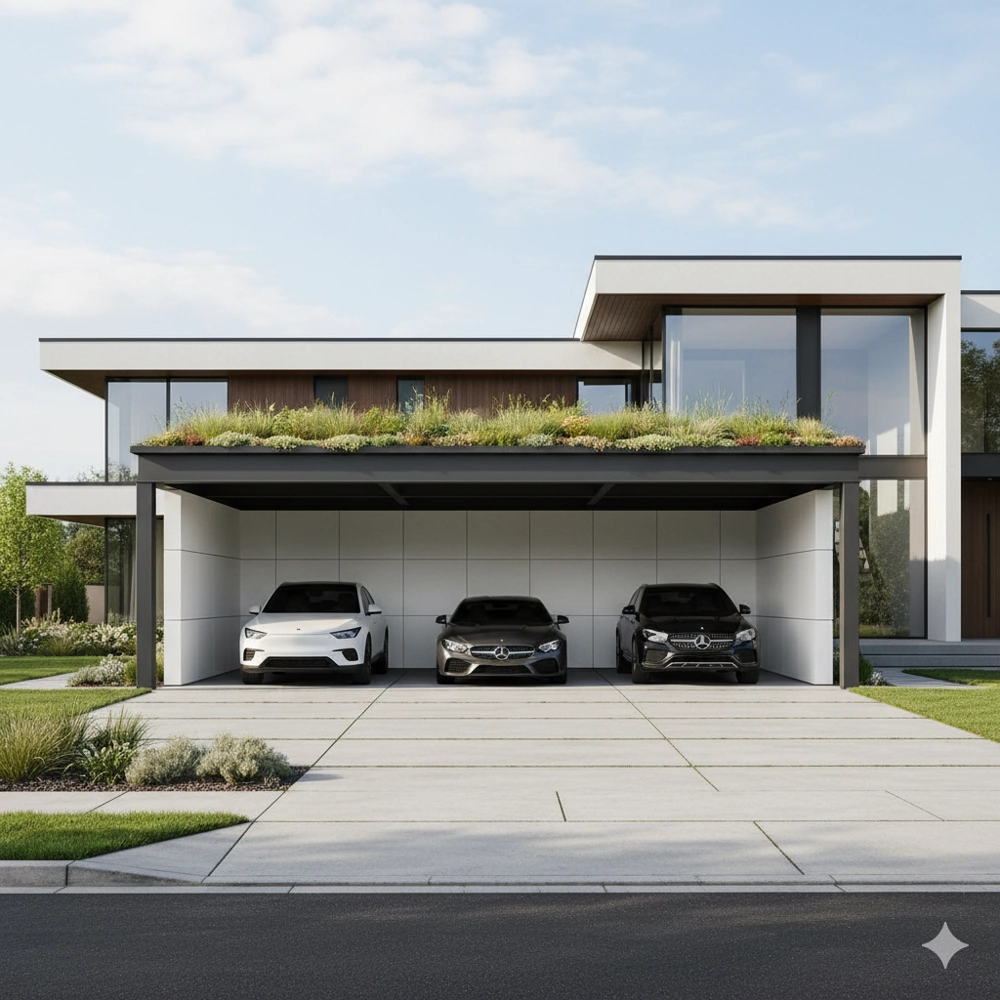 Nowoczesna wiata garażowa z zielonym dachem przy domu z trzema zaparkowanymi samochodami