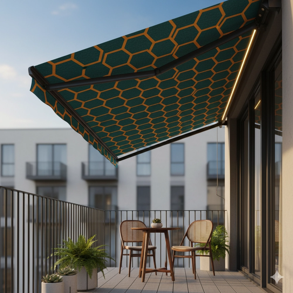 Przytulny balkon z zamontowaną markizą balkonową, stolikiem, krzesłami i doniczkami z roślinami