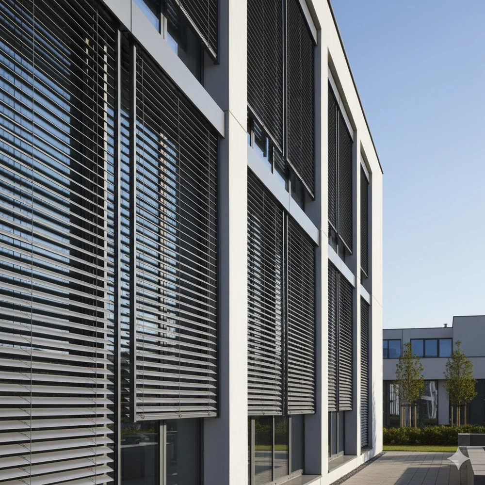 Nowoczesna fasada budynku z żaluzjami fasadowymi i oknami aluminiowymi