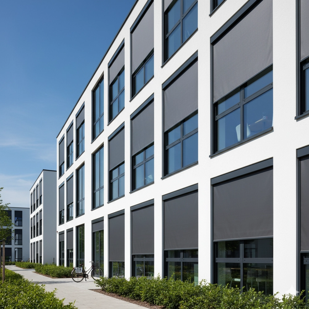 Nowoczesna fasada budynku z oknami i opuszczonymi roletami screen