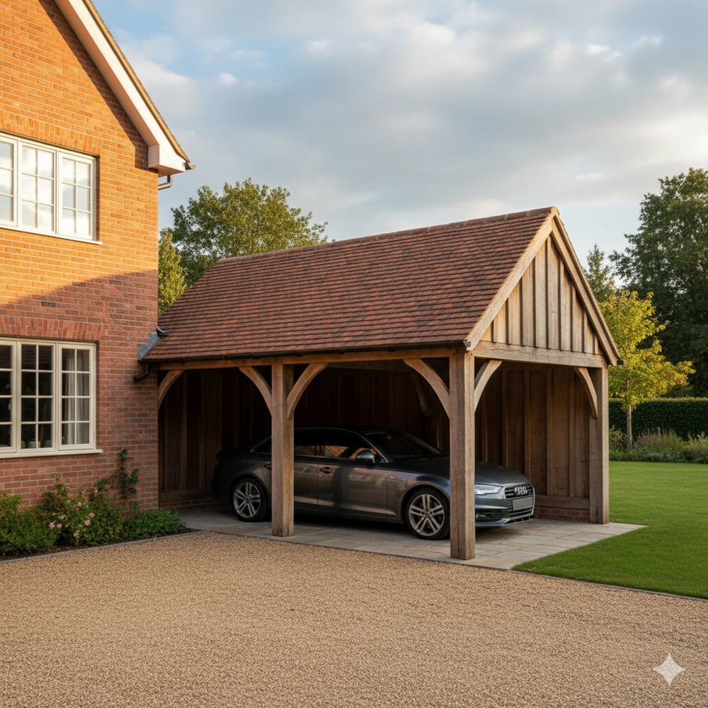 Wiaty garażowe z drewnianą konstrukcją i dachówką przy domu, z zaparkowanym samochodem