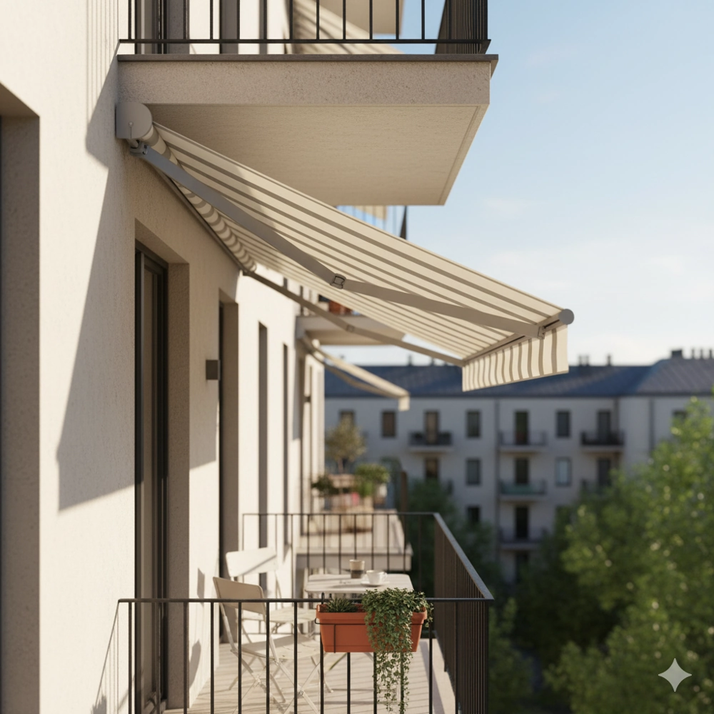 Markiza balkonowa nad przytulnym balkonem z metalową balustradą, stołem, krzesłem i donicą