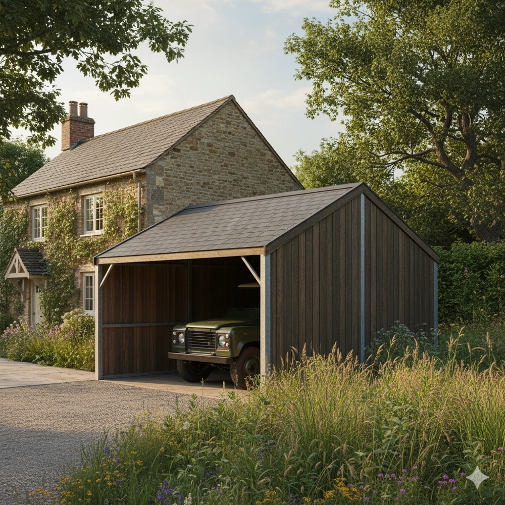 Drewniana wiata garażowa przy domu z ochroną dla samochodu, otoczona zieloną roślinnością – Wiaty garażowe