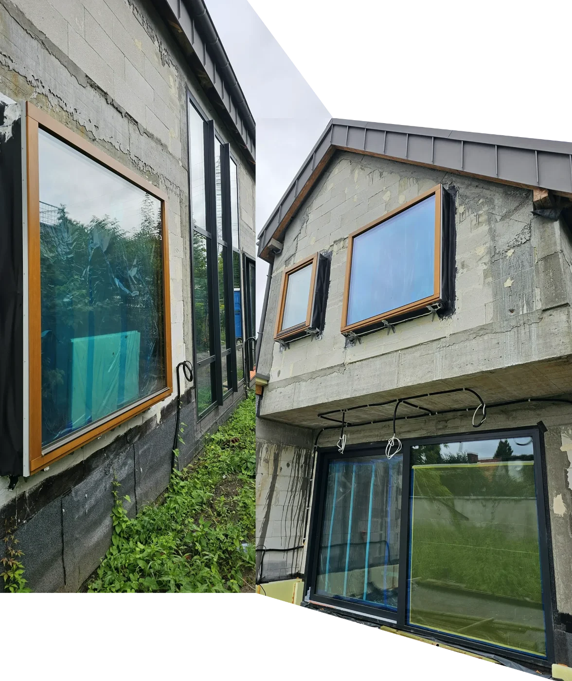 Montaż okien w surowej betonowej elewacji budynku z widocznymi drewnianymi ramami