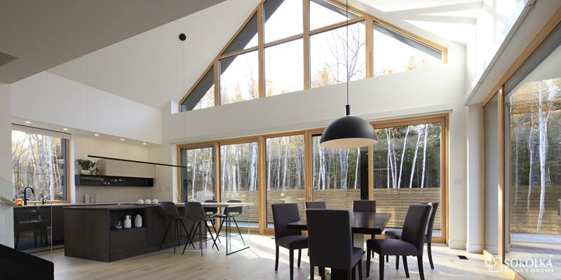 Przestronny salon z otwartą kuchnią i oknami wielkoformatowymi wychodzącymi na las