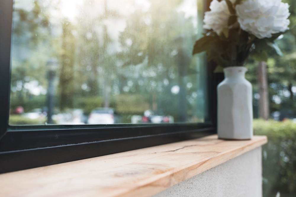 Drewniany parapet wewnętrzny z białym wazonem przy czarnym oknie Parapety