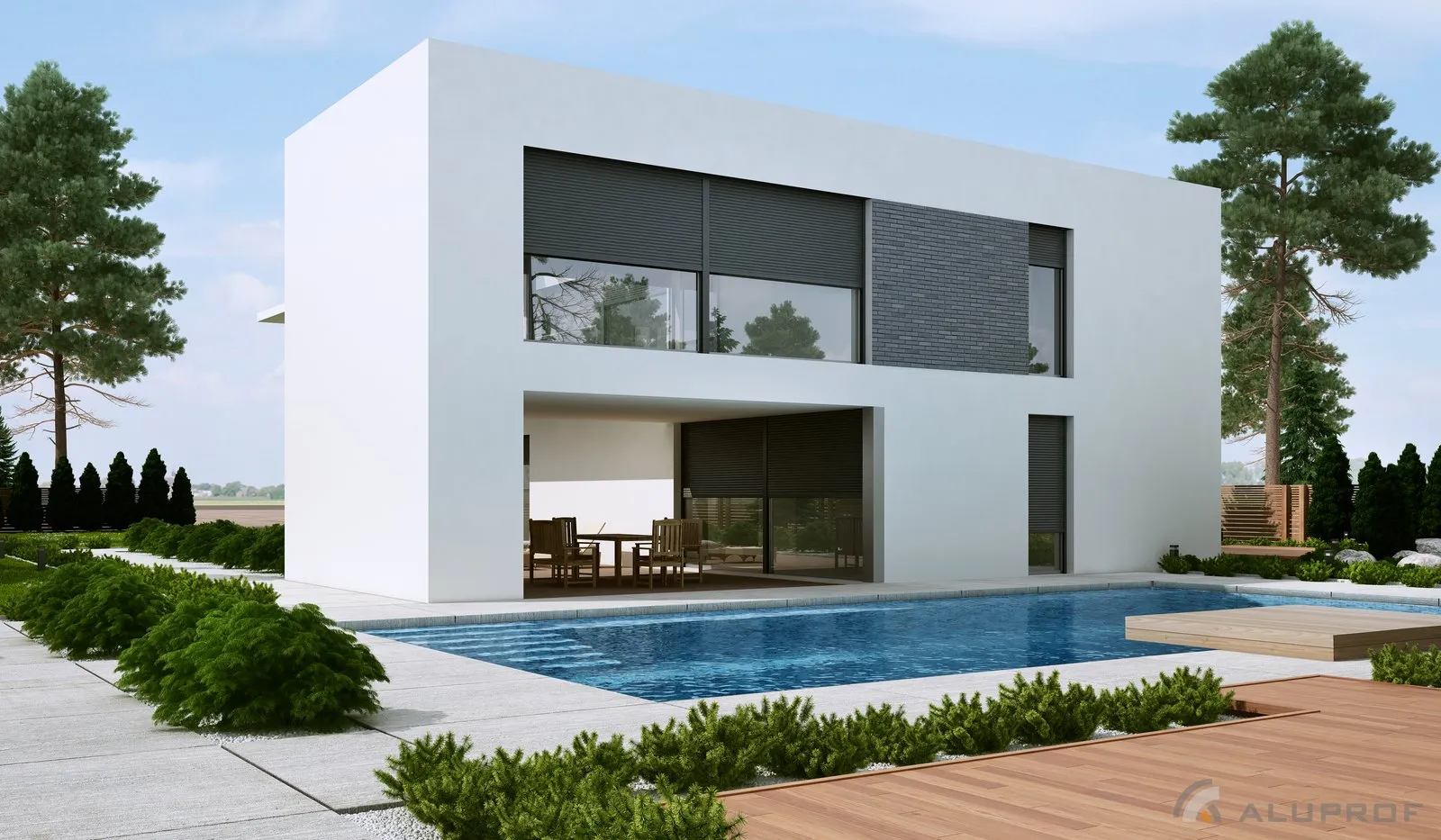 Nowoczesny dom z oknami tarasowymi, przeszklonym patio i basenem