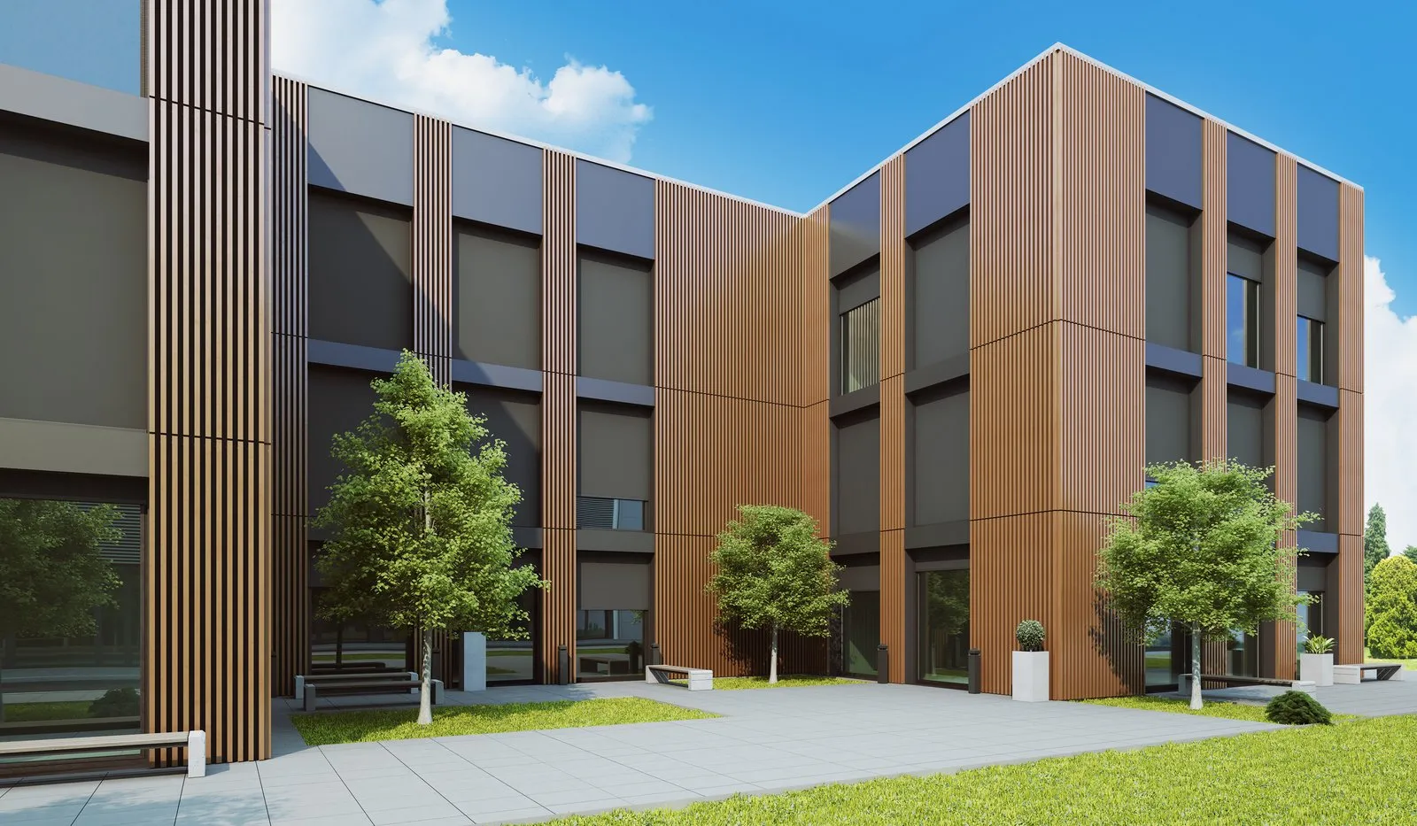 Budynek z nowoczesną fasadą z drewnianych paneli i przeszklonych okien tarasowych