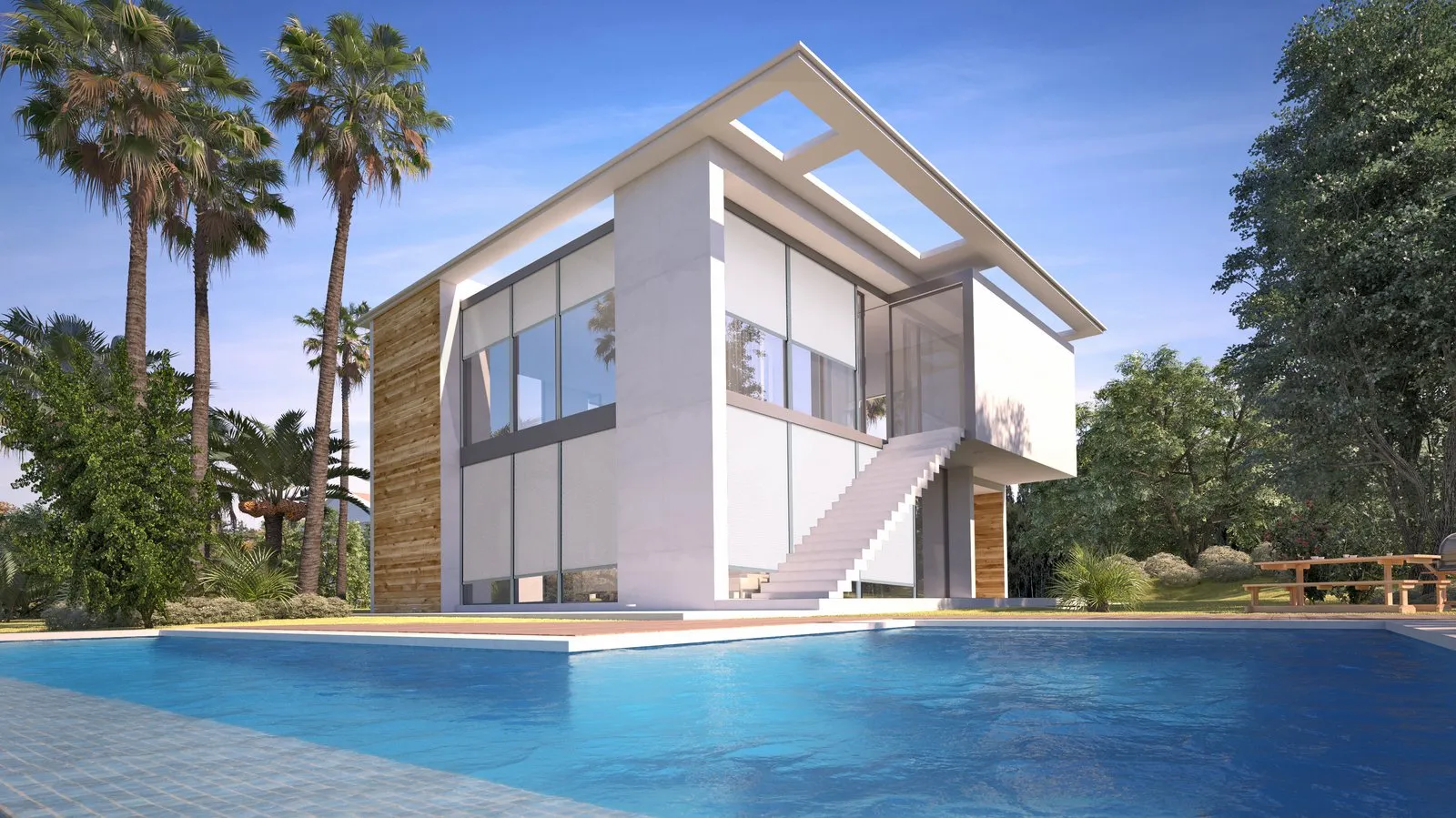 Nowoczesny dom z basenem i tarasem, z przeszklonym parterem i oknami wielkoformatowymi