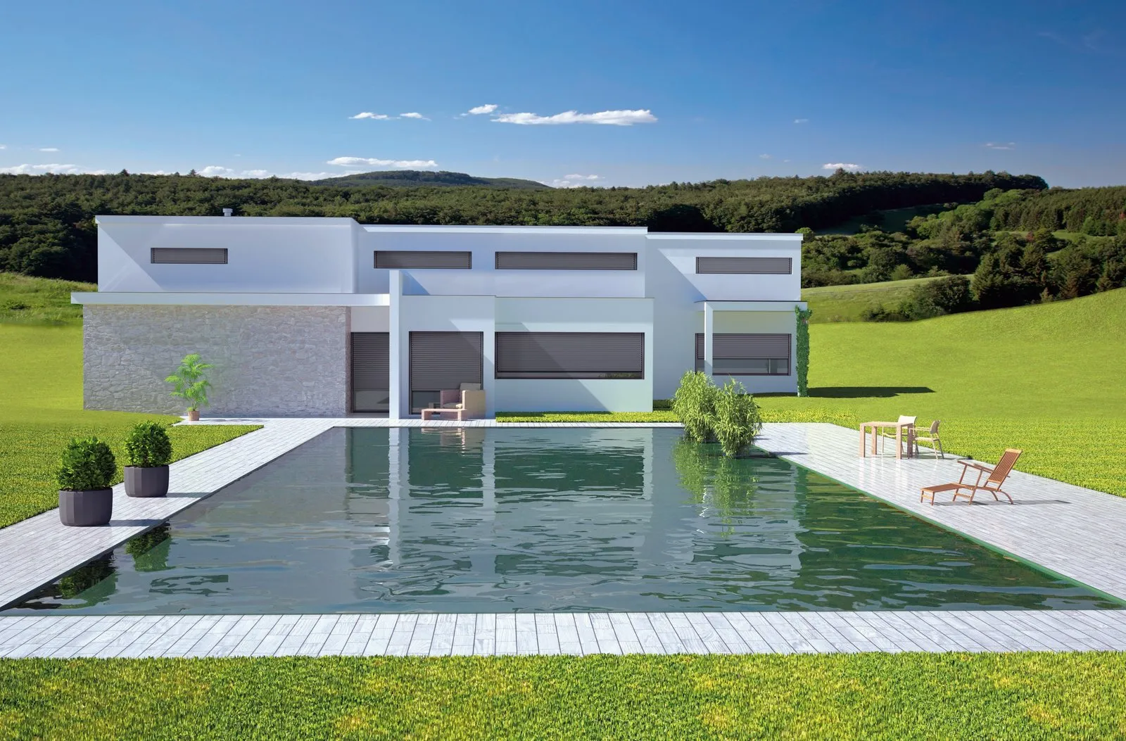 Nowoczesny dom z dużymi oknami tarasowymi i zewnętrznymi roletami przy basenie