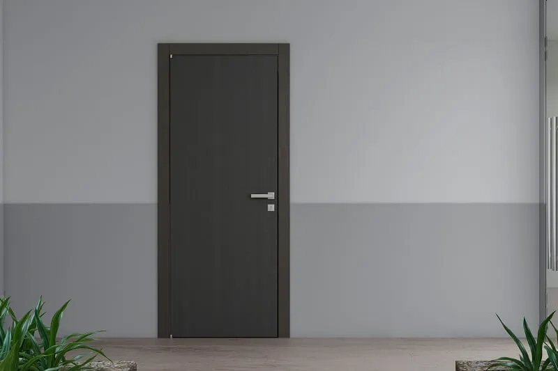 Ciemne drzwi wewnątrzklatkowe z klamką w nowoczesnym korytarzu