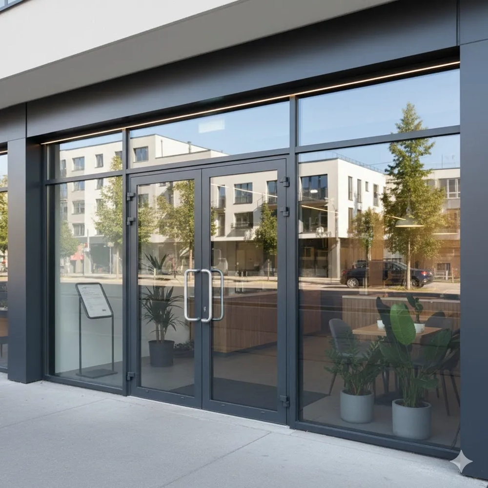 Nowoczesna witryna aluminiowa z przeszklonymi drzwiami wejściowymi