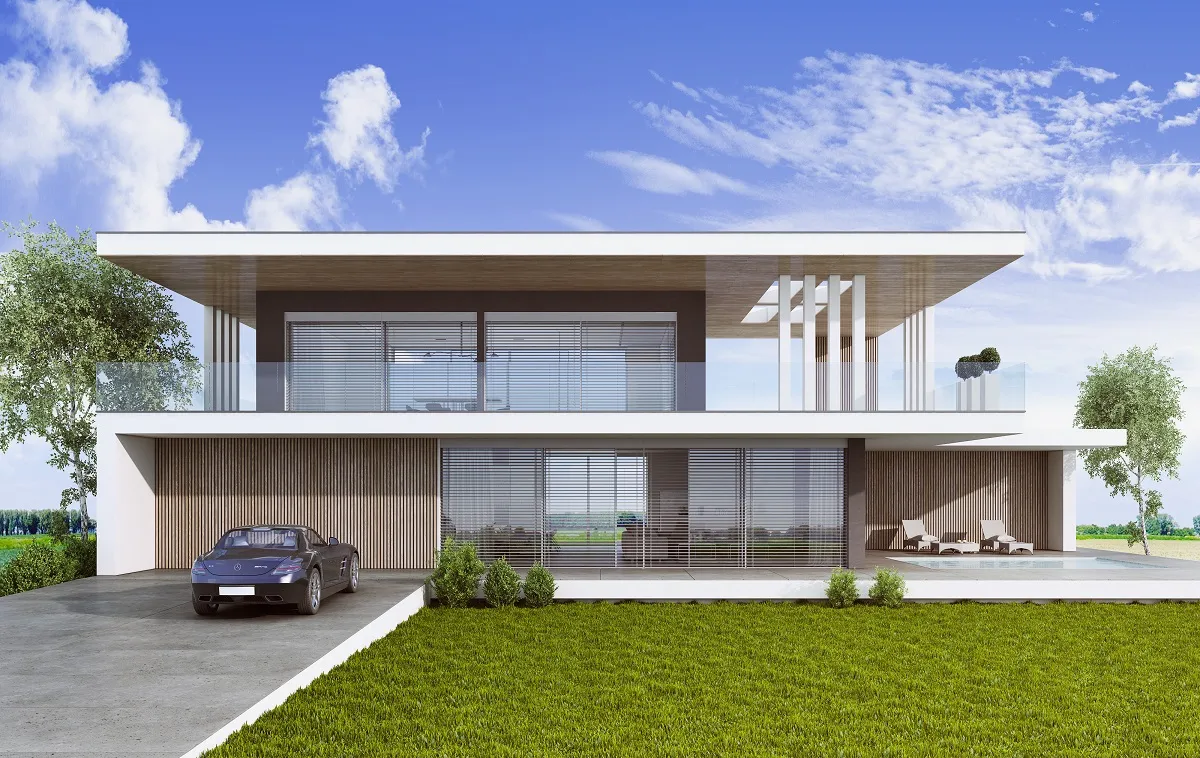 Nowoczesny dom z dużymi oknami wielkoformatowymi, tarasem nad garażem i podjazdem z samochodem
