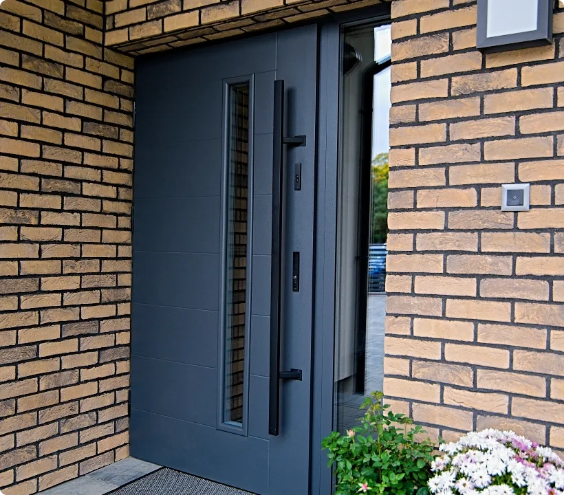 Nowoczesne ciemnoszare drzwi aluminiowe z boczną szybą osadzone w ceglanej elewacji z roślinami