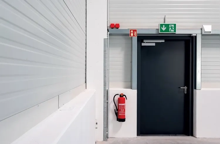 Stalowe drzwi ppoż z gaśnicą i znakiem ewakuacyjnym w hali magazynowej