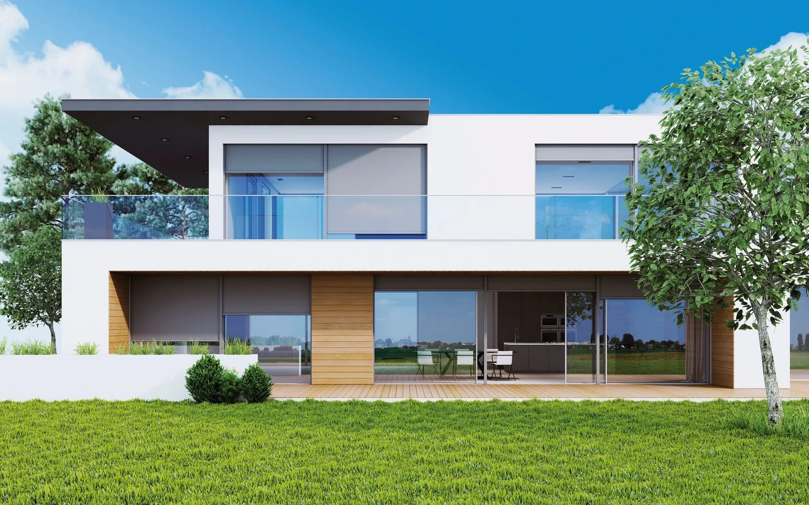 Okna tarasowe w nowoczesnej białej elewacji z drewnianą okładziną i przesuwanymi drzwiami aluminiowymi